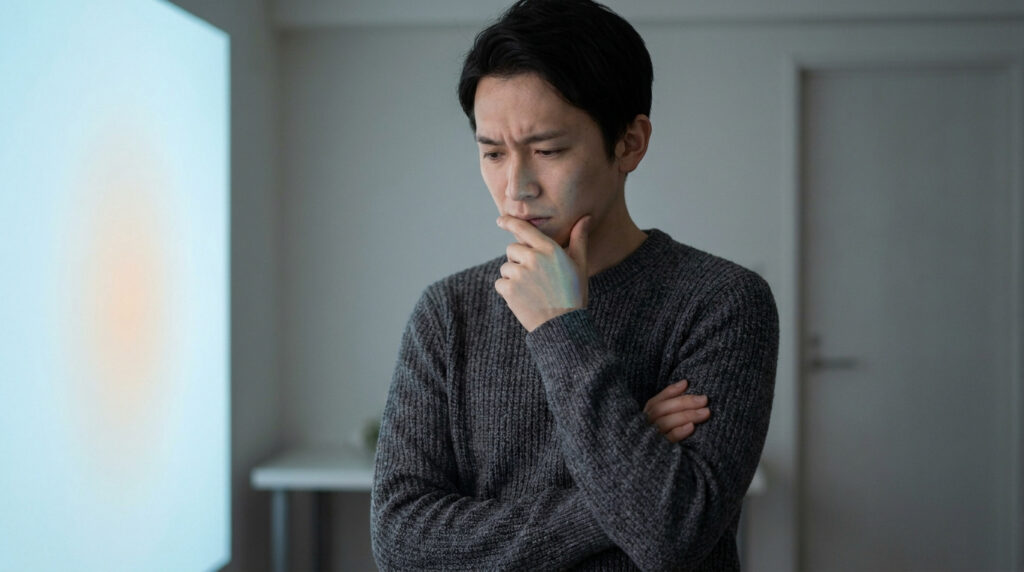 Un homme d'apparence asiatique, portant un pull gris, est pensif et semble s'interroger sur sa santé.