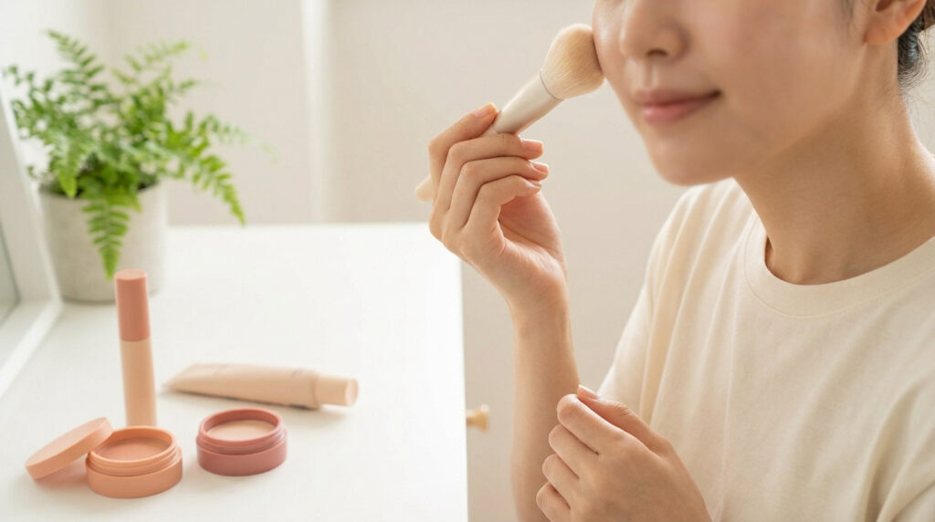 Une femme applique du maquillage avec un pinceau sur une peau sensible devant des produits cosmétiques.