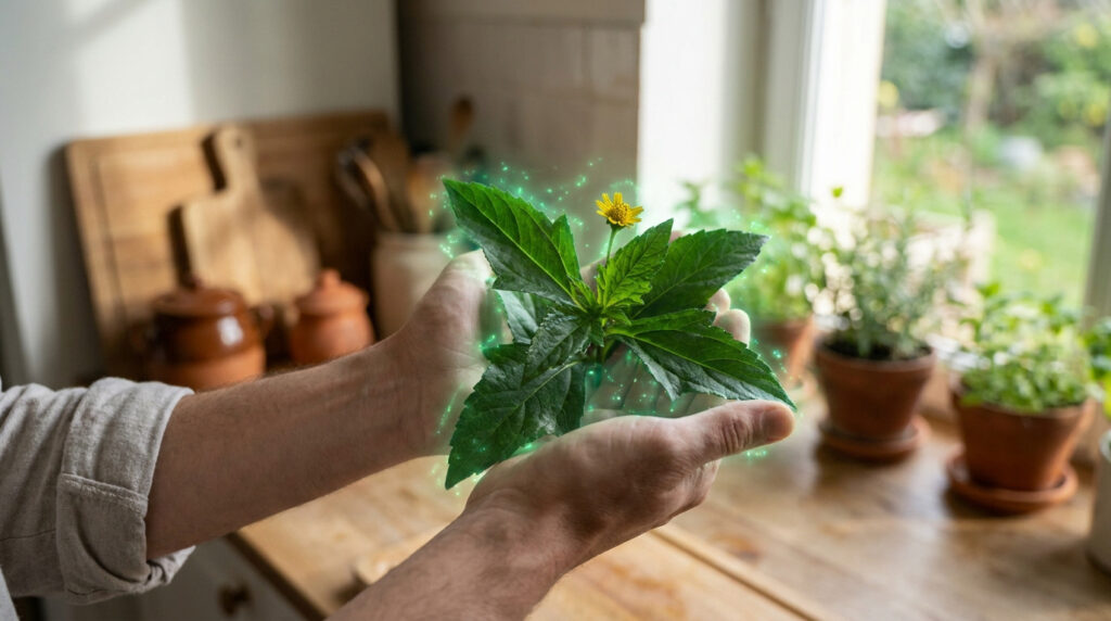Mains tenant une plante de brède mafane entourée d'une aura lumineuse verte dans une cuisine.
