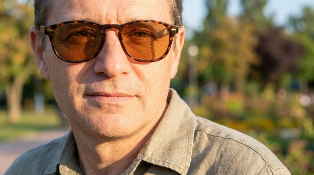 Un homme porte des lunettes de soleil à monture écaille avec des verres teintés orange dans un parc.