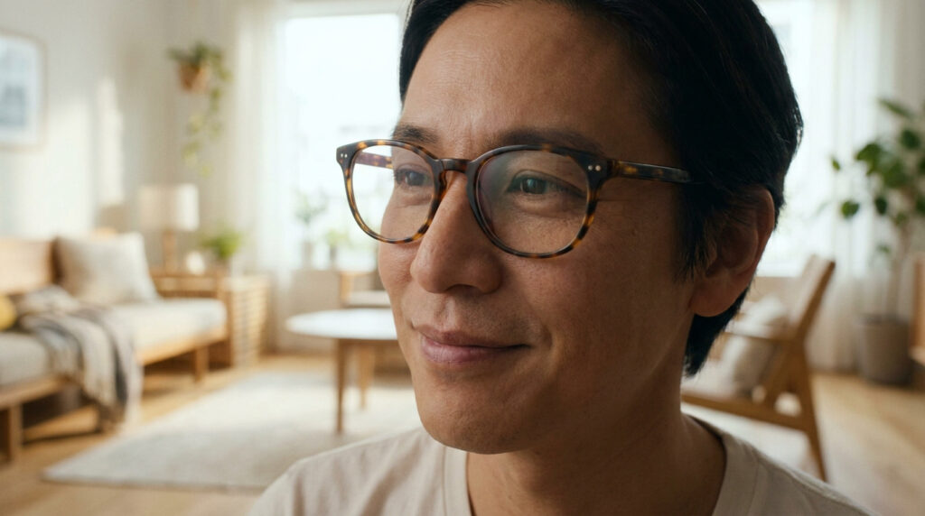 Un homme souriant portant des lunettes à monture écaille dans un salon lumineux.