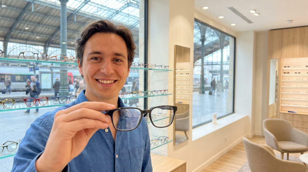 Un homme souriant dans la boutique Lunettes pour tous de la gare Saint-Lazare tenant une paire de lunettes.