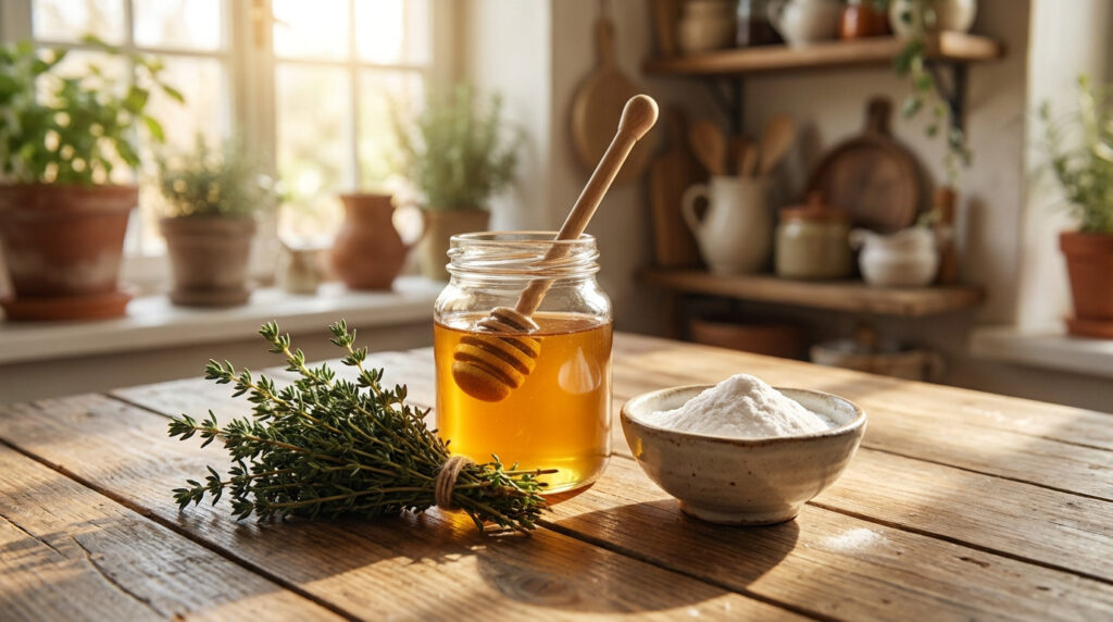 Un pot de miel avec une cuillère, un bouquet de thym et un bol de bicarbonate sur une table en bois ensoleillée.