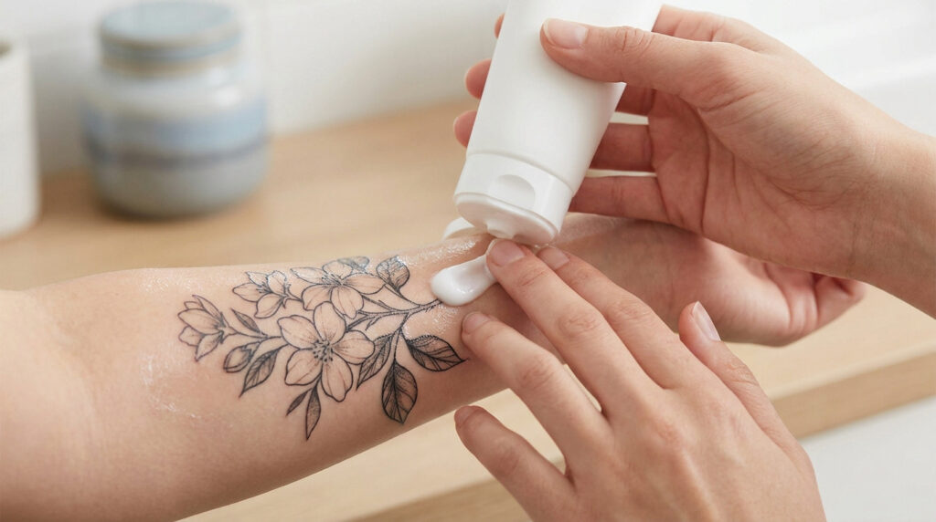 Personne appliquant une crème hydratante blanche sur un tatouage floral noir et gris situé sur l'avant-bras.