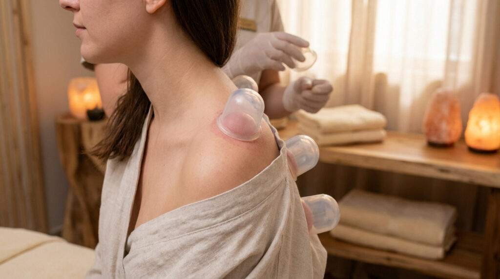 Une femme reçoit un soin par ventouses sur l'épaule et le dos dans un spa relaxant.