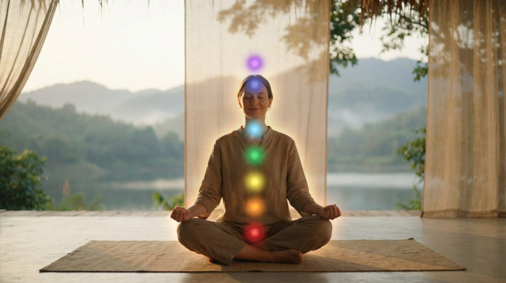 Femme méditant en posture du lotus avec sept points lumineux colorés alignés le long de sa colonne vertébrale.