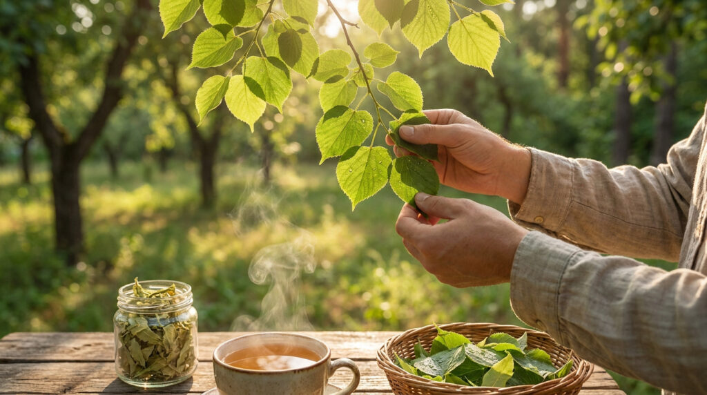 Mains tenant une branche de tilleul au-dessus d'une tasse de tisane fumante dans un jardin.