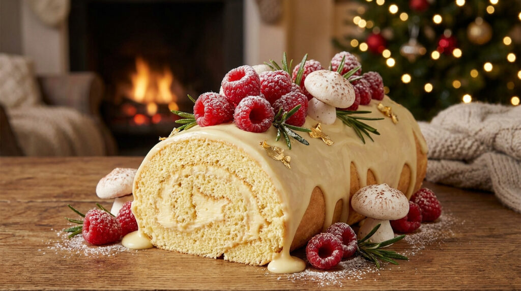 Bûche de Noël roulée nappée de chocolat blanc, décorée de framboises fraîches, de meringues et de branches de romarin.