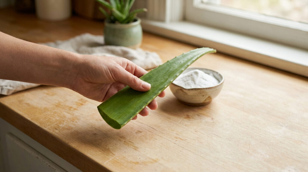 Une main tenant une feuille d'aloe vera fraîche à côté d'un bol de poudre blanche sur une table en bois.