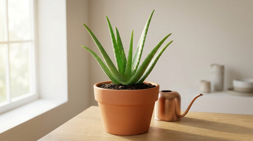 Plante d'aloe vera verte dans un pot en terre cuite sur une table en bois près d'une fenêtre.