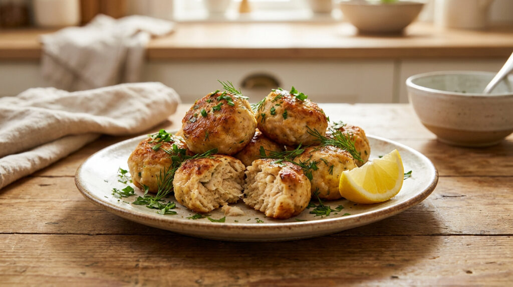 Assiette de boulettes de poisson dorées avec citron et herbes fraîches sur une table en bois.