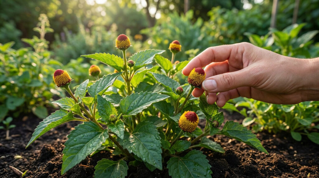 Une main touche une fleur de brède mafane jaune et rouge dans un jardin ensoleillé.