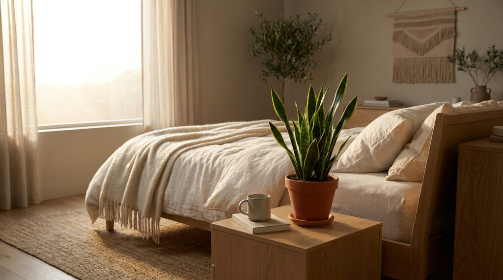 Une sansevieria en pot posée sur une table de chevet en bois dans une chambre lumineuse et apaisante.