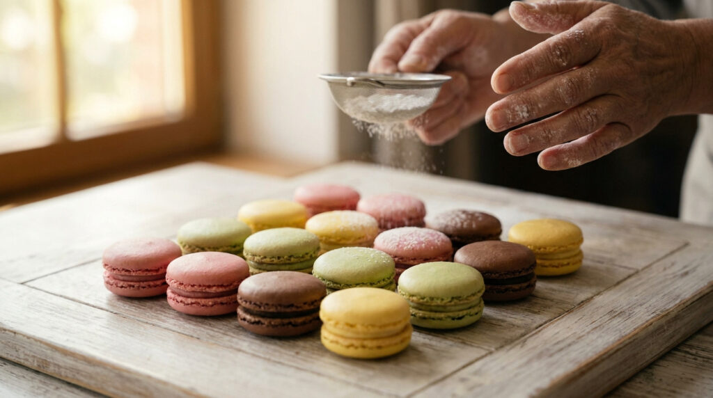 Mains saupoudrant du sucre glace sur des macarons colorés disposés sur une planche en bois.