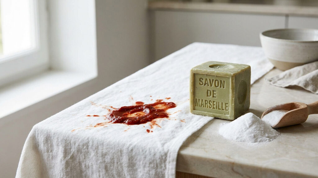 Une nappe blanche avec une tache de sauce tomate, un cube de savon de Marseille et une coupelle de bicarbonate de soude.
