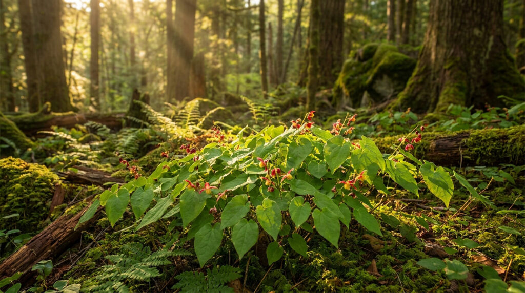 Fleurs d'épimède poussant dans une forêt moussue baignée par la lumière dorée du soleil.