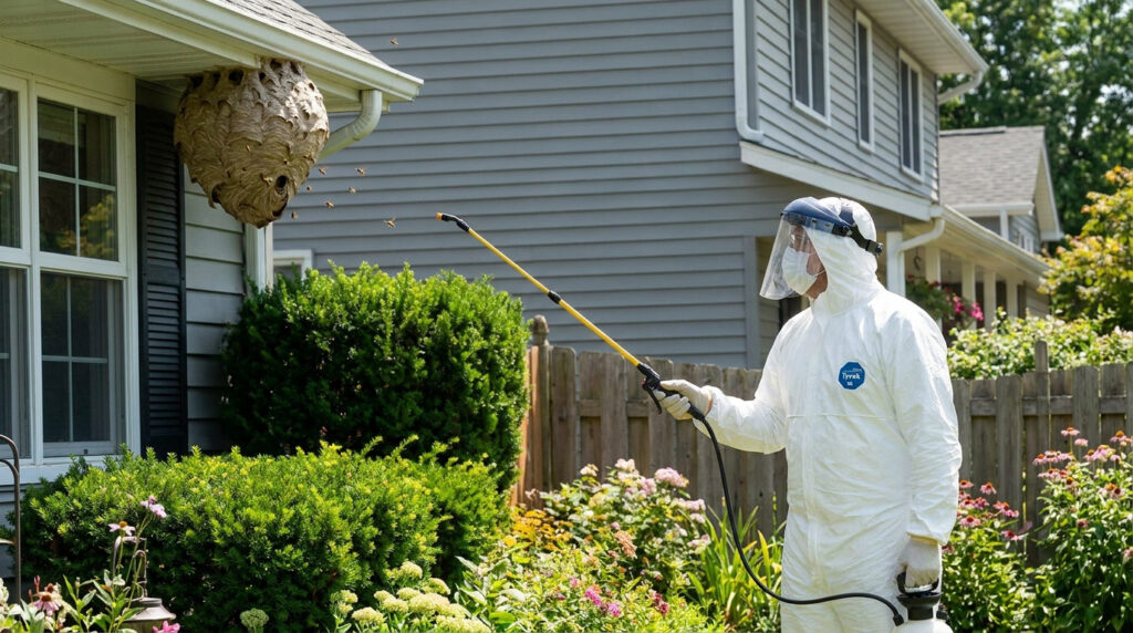 Un professionnel en combinaison de protection traite un nid de guêpes situé sous le toit d'une maison.