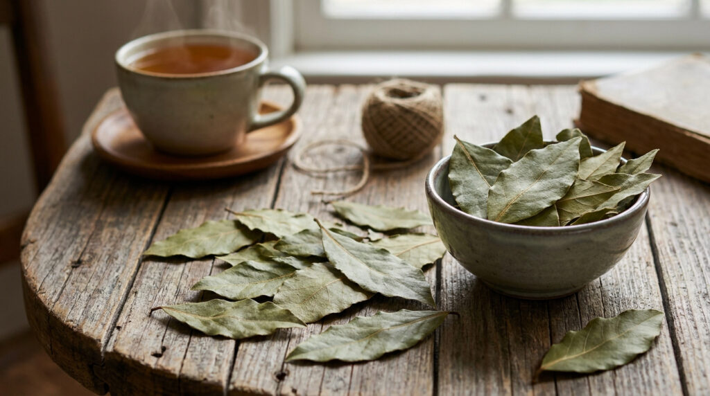 Bol en céramique rempli de feuilles de laurier séchées sur une table en bois rustique avec une tasse de tisane fumante.