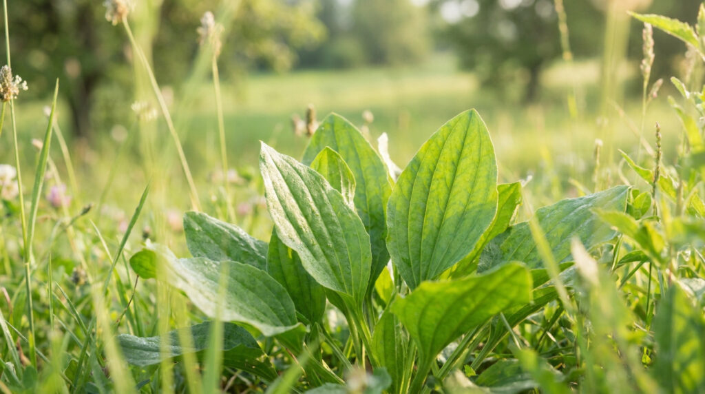 Gros plan sur des feuilles de plantain vert brillant poussant dans une prairie ensoleillée.