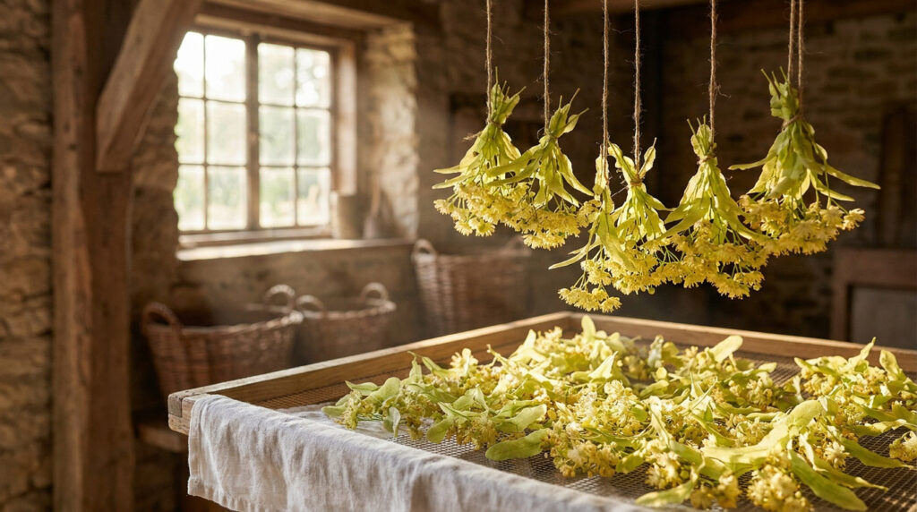 Bouquets de fleurs de tilleul suspendus et séchant sur un tamis dans une grange rustique éclairée par le soleil.