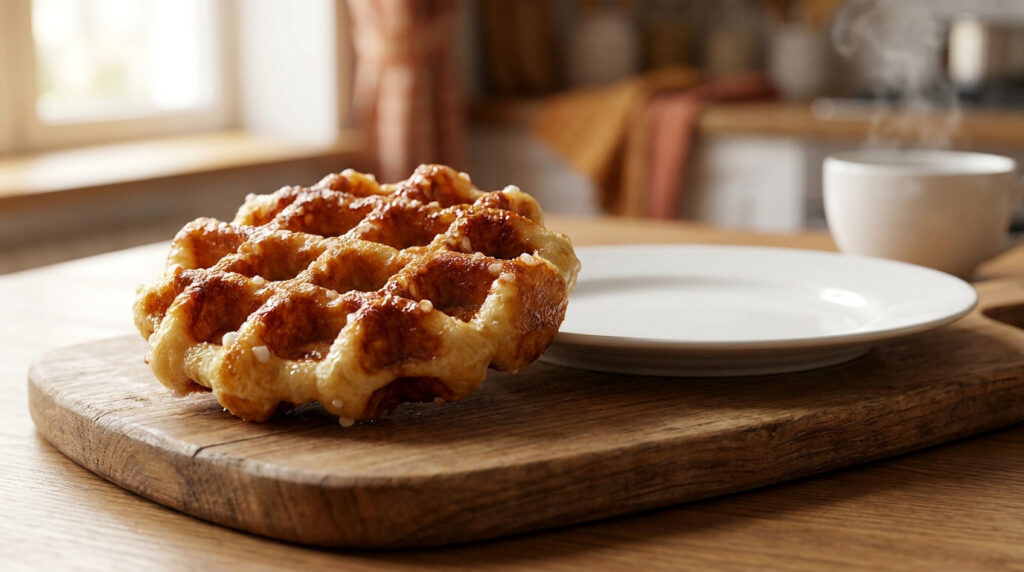 Une gaufre liégeoise caramélisée avec des perles de sucre sur une planche en bois, accompagnée d'une tasse fumante.