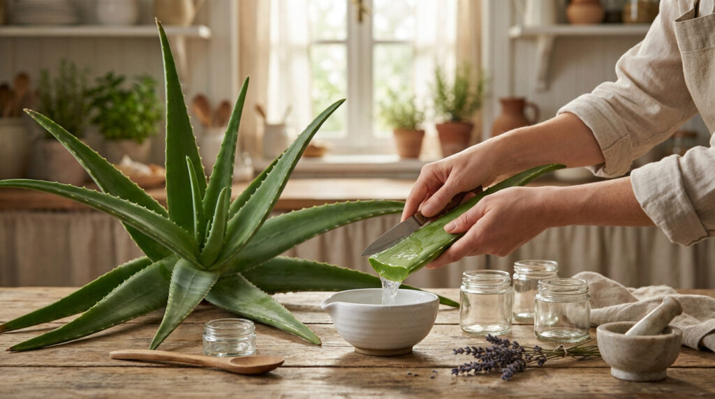 Mains découpant une feuille d'aloe vera au-dessus d'un bol dans une cuisine rustique.