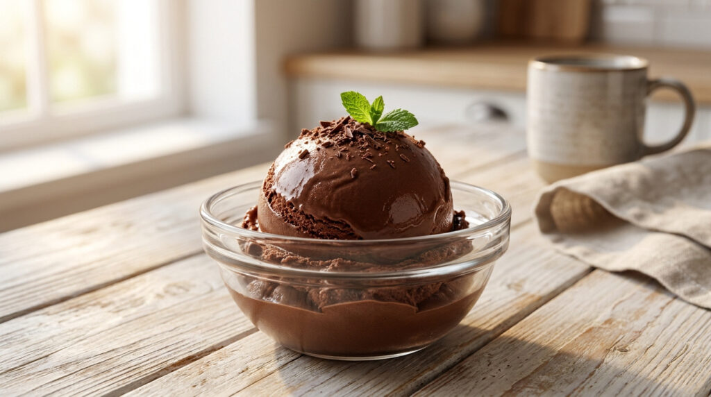 Une boule de glace au chocolat fondante dans un bol en verre, garnie d'éclats de chocolat et d'une feuille de menthe.
