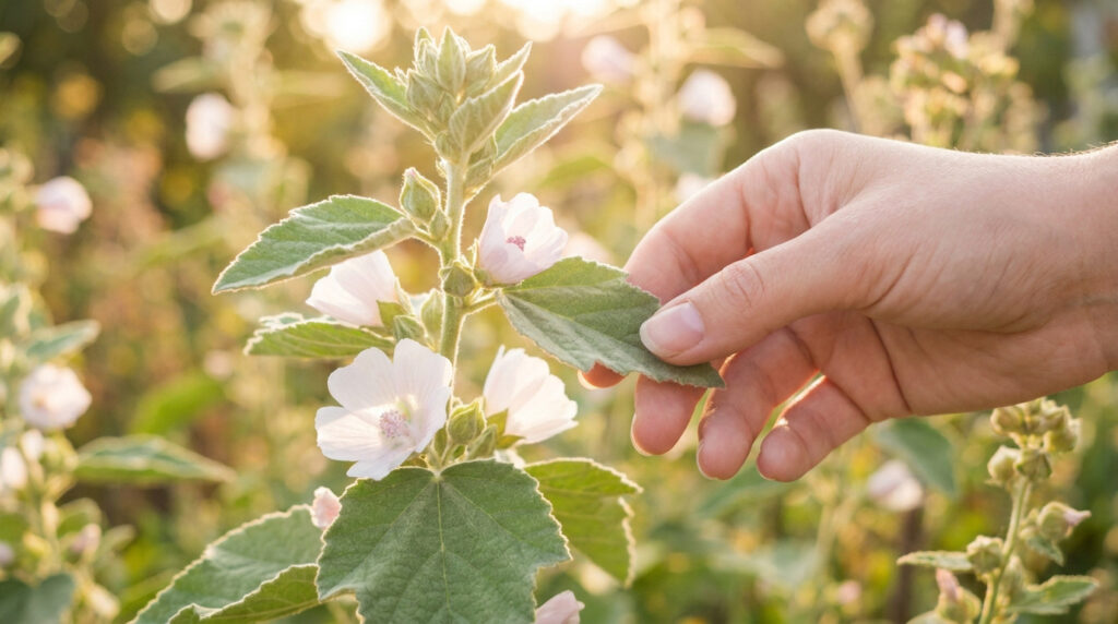 Une main touche délicatement les feuilles d'une plante de guimauve sous une lumière dorée.