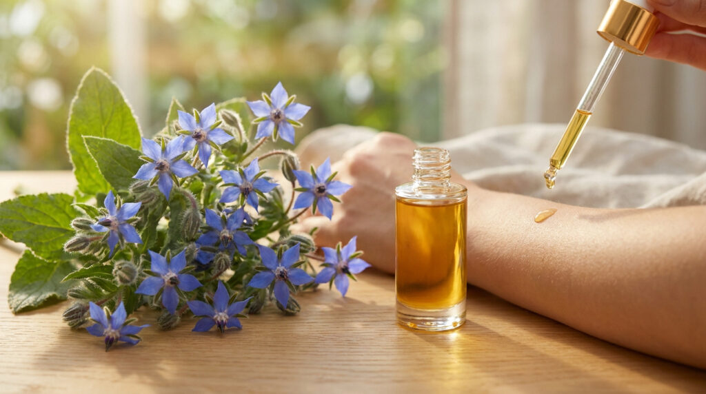 Une main applique une goutte d'huile de bourrache dorée sur l'avant-bras près d'un bouquet de fleurs bleues.