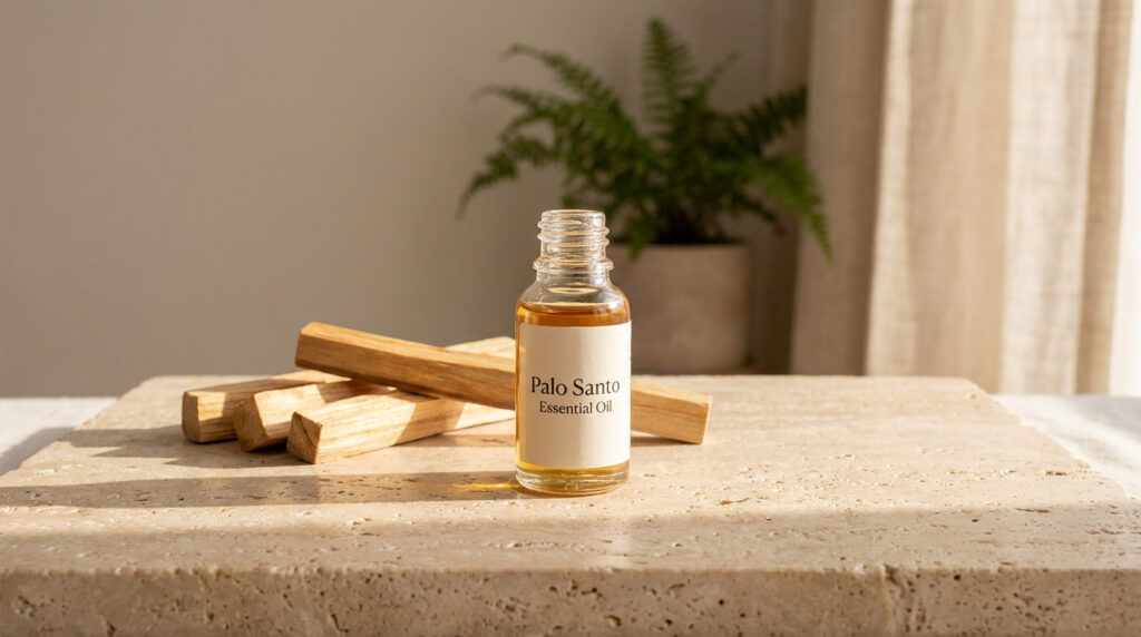 Une petite bouteille d'huile essentielle de Palo Santo posée sur un socle en pierre avec des morceaux de bois à côté.