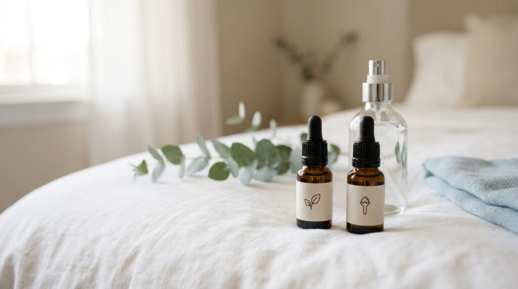 Deux flacons d'huiles essentielles et un spray posés sur un lit blanc avec des feuilles d'eucalyptus en arrière-plan.