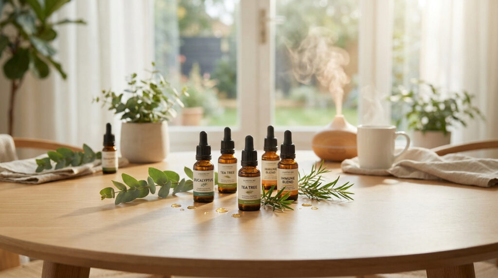Flacons d'huiles essentielles, diffuseur de vapeur et plantes sur une table en bois dans une pièce lumineuse.