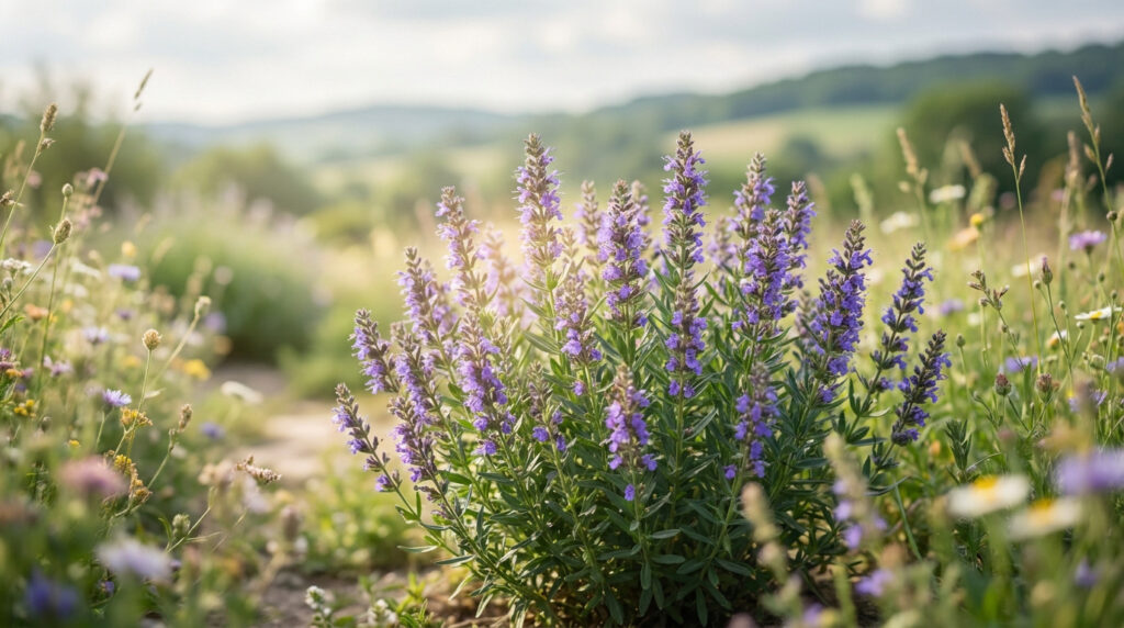 Fleurs d'hysope violettes en plein soleil dans un champ naturel, avec un arrière-plan flou de collines verdoyantes.