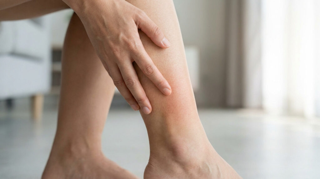 Une personne touche sa jambe présentant une zone rouge et enflée, signe possible de phlébite.