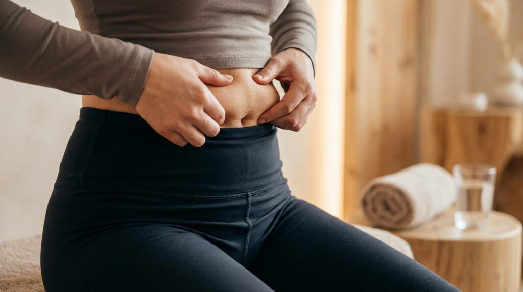Une femme pratiquant un massage auto-drainant sur son ventre pour favoriser l'amincissement.