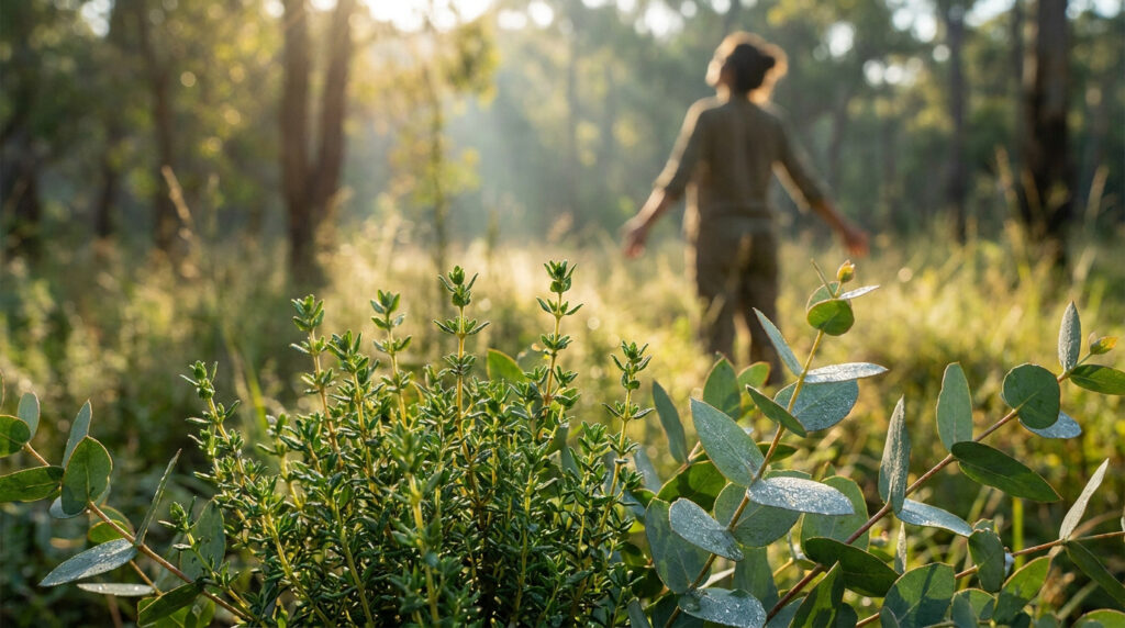 Gros plan sur du thym et de l'eucalyptus dans une forêt avec une personne respirant profondément en arrière-plan.