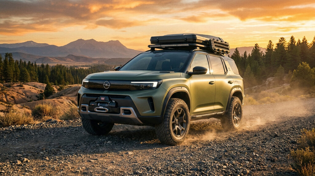 SUV Opel Frontera vert mat équipé pour l'aventure sur un sentier en gravier au coucher du soleil.
