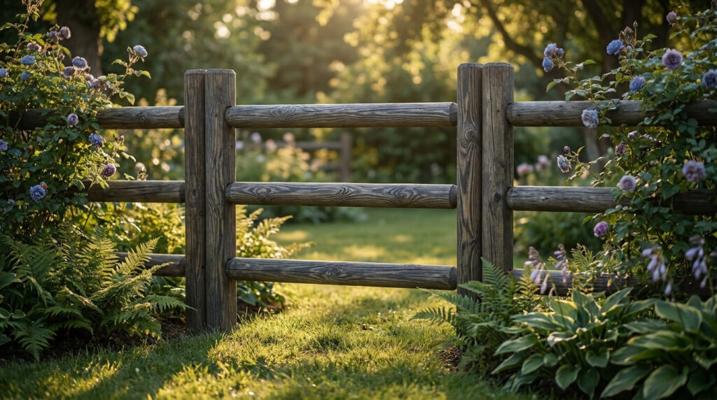 Une palissade en rondins de bois rustique dans un jardin fleuri avec des rosiers et des fougères sous une lumière douce.
