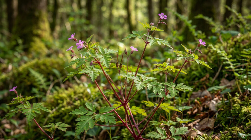Plante d'Herbe à Robert avec des fleurs roses et des tiges rougeâtres dans un sous-bois verdoyant et ombragé.