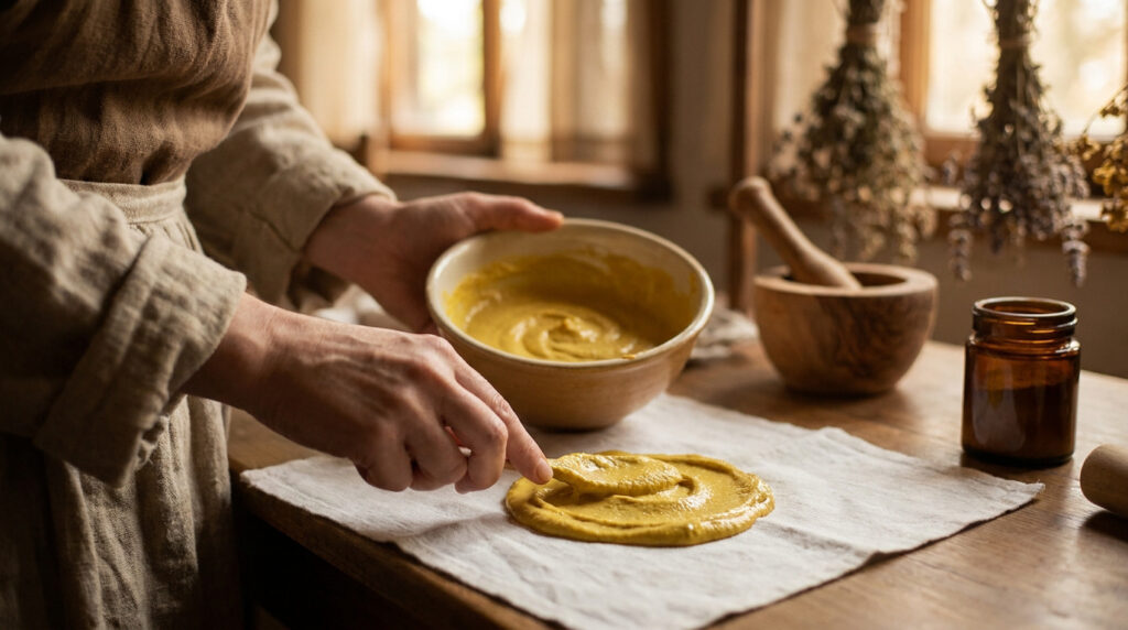 Personne étalant une pâte de moutarde jaune sur un linge en tissu pour fabriquer un cataplasme artisanal.