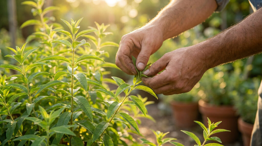 Mains d'un jardinier cueillant délicatement des feuilles de verveine citronnée sous une lumière dorée.