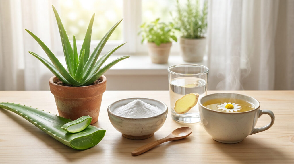 Aloe vera, bicarbonate de soude, eau au gingembre et tisane à la camomille sur une table en bois.