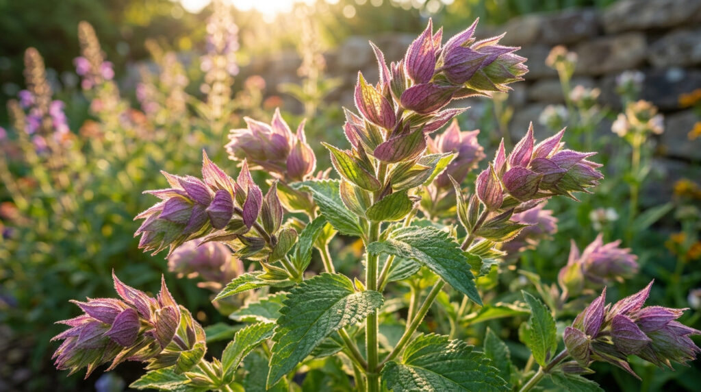 Gros plan sur des fleurs de sauge verte aux bractées violettes éclairées par la lumière dorée du soleil.