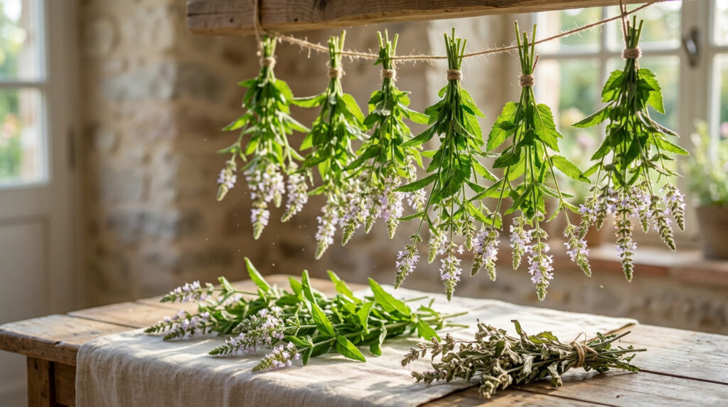 Des bouquets de verveine fraîche sont suspendus pour sécher au-dessus d'une table en bois rustique.