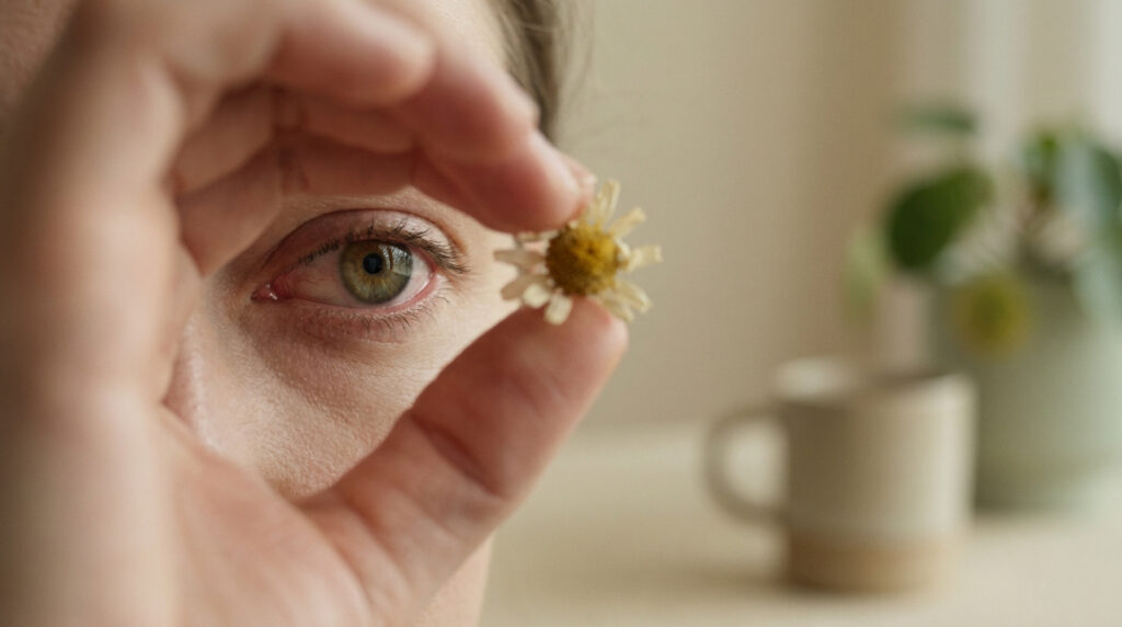 Gros plan sur un œil irrité avec une main tenant une petite fleur de camomille devant.