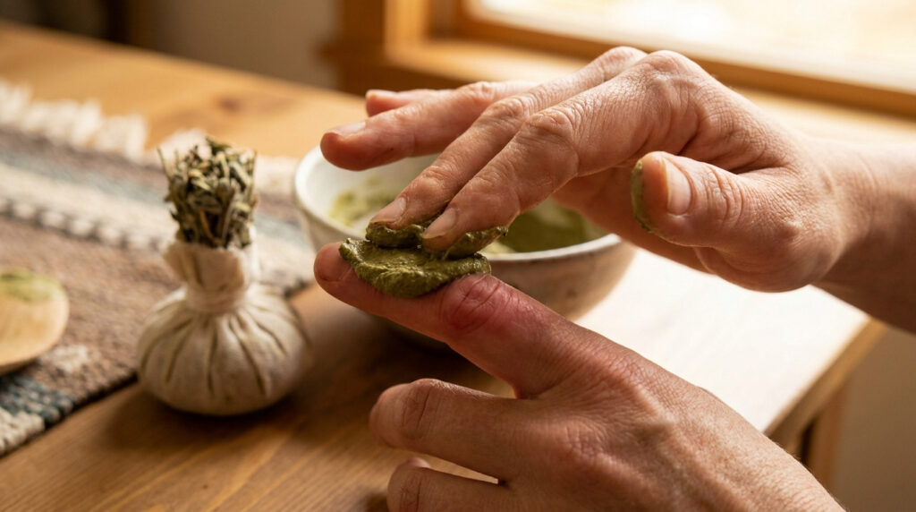 Mains appliquant une pâte à base de plantes sur un doigt enflammé pour soulager un panaris.