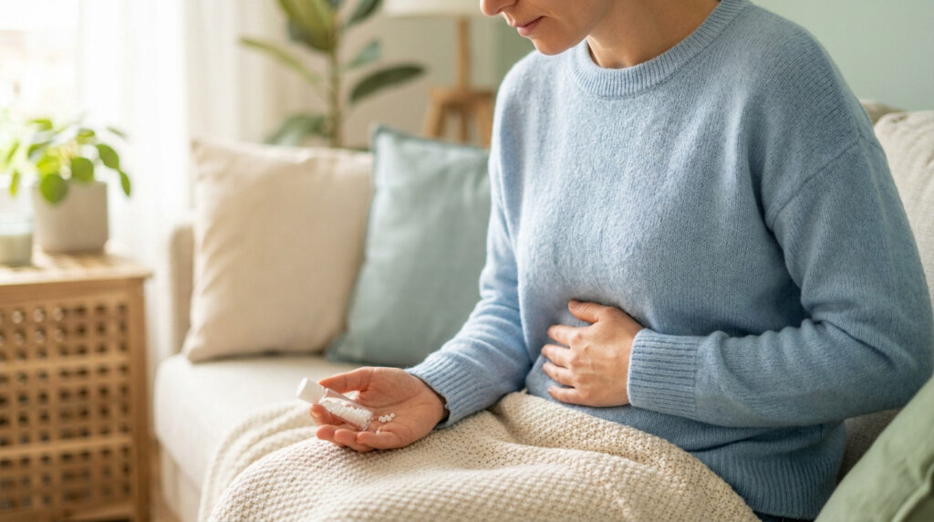 Une femme assise sur un canapé tenant des granules homéopathiques tout en se tenant le ventre en signe de douleur.