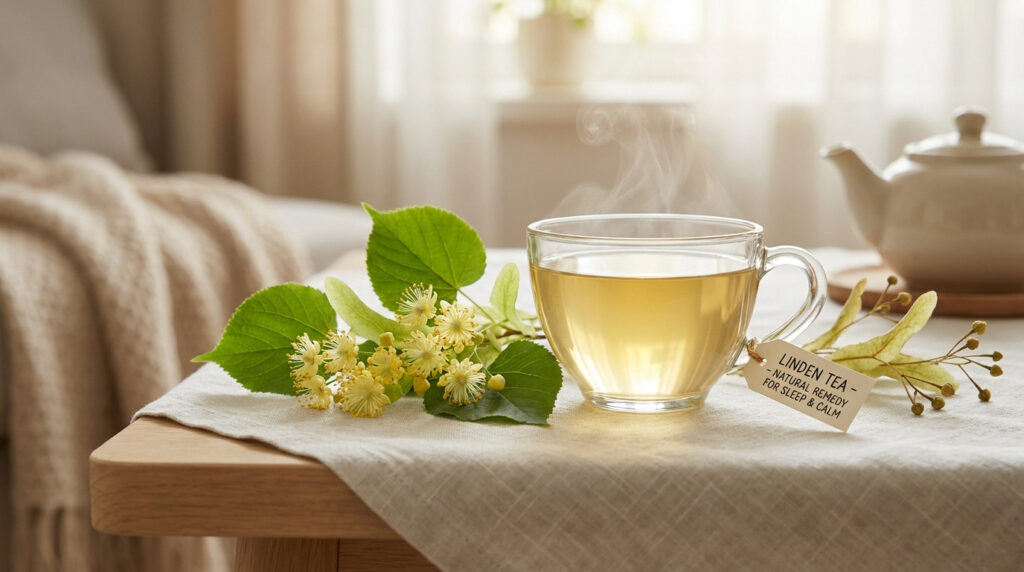 Tasse fumante de tisane au tilleul avec des fleurs fraîches sur une table en bois dans une ambiance cocooning.