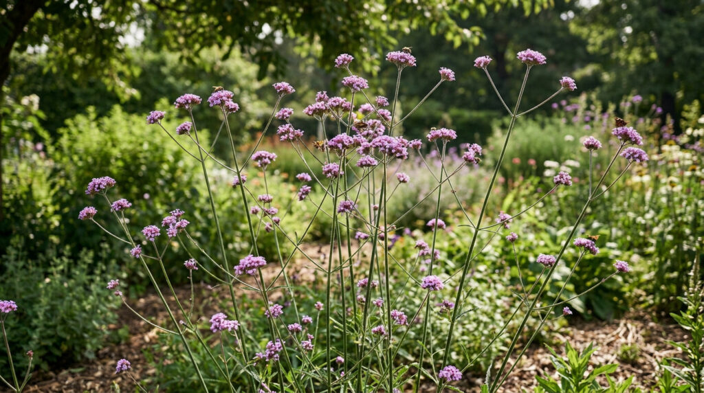 Fleurs violettes de verveine de Buenos Aires dans un jardin ensoleillé.